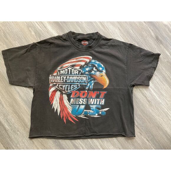 Harley-Davidson Tops - Vintage 90s Harley Davidson USA Don't Mess With U.S. Flag Eagle Texas Cropped T